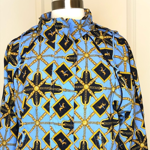 Vintage 1990 Liz Claiborne Jacket Small Horses Blue Hood Gold Petite Equestrian - Picture 1 of 8